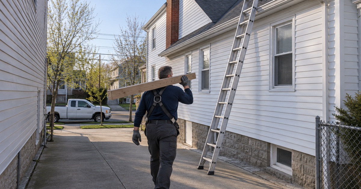 A roofer carrying a toe board plank toward a ladder at a Bayonne two-family house at the start of a roofing day.