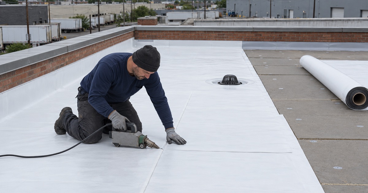 A new white membrane roof being welded on a low brick industrial building in Bayonne.