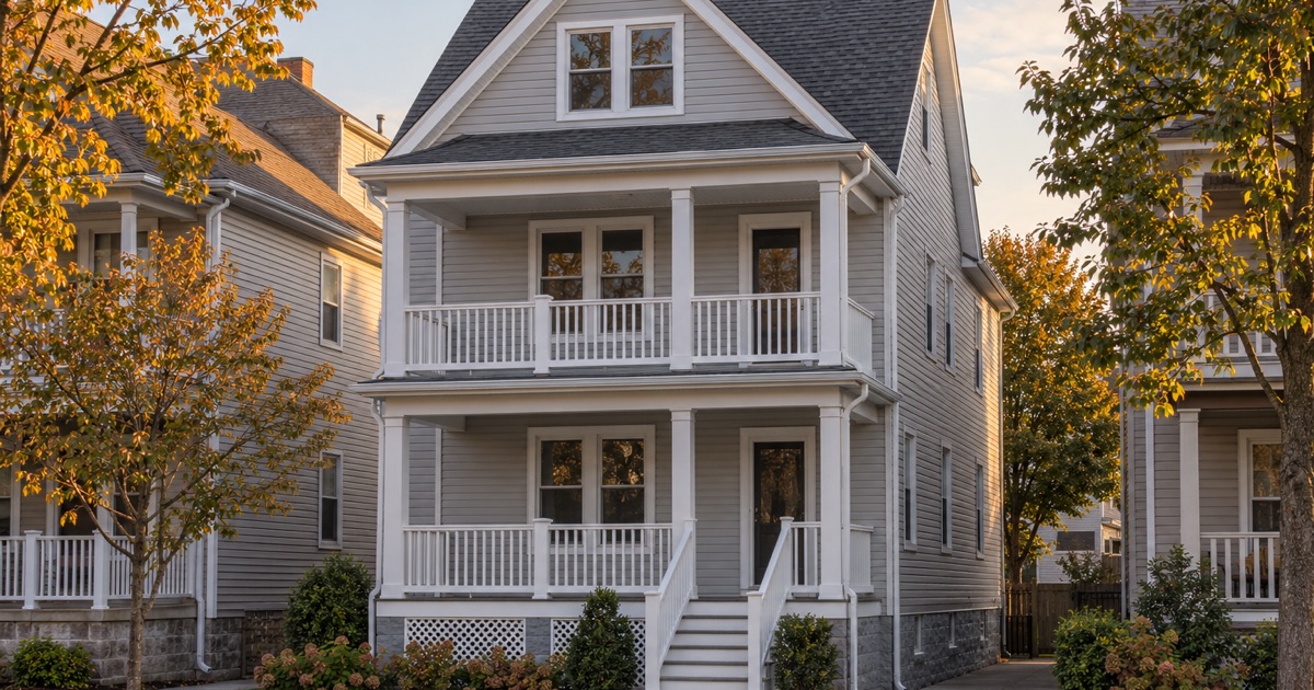 A finished new roof on a Bayonne two-family house at the end of the day, gutters and trim complete.