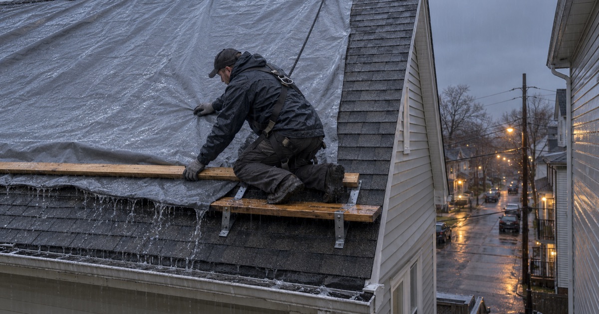 A heavy tarp wrapped round battens over the ridge of a Bayonne two-family during a rainstorm, after a section of roof failed.