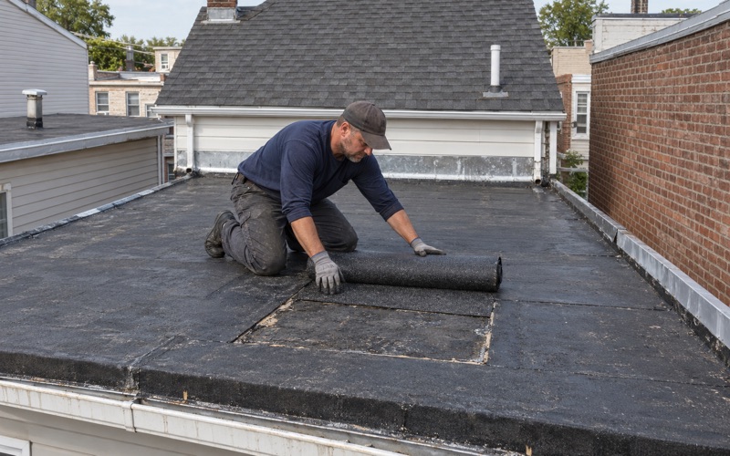 A new cap sheet patch going down over a cracked blister on a Bayonne two-family's flat rear roof.
