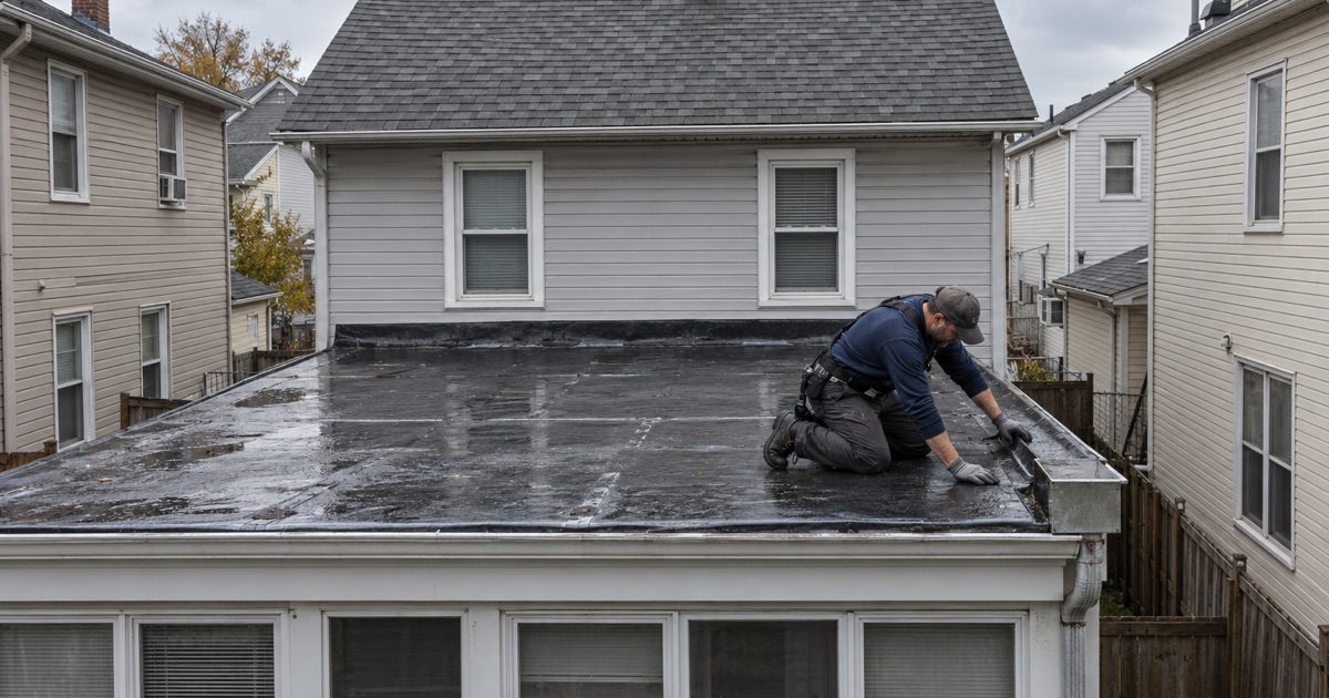 The low-slope rear roof over the back porches of a Bayonne two-family, checked at the scupper where it drains to the leader.