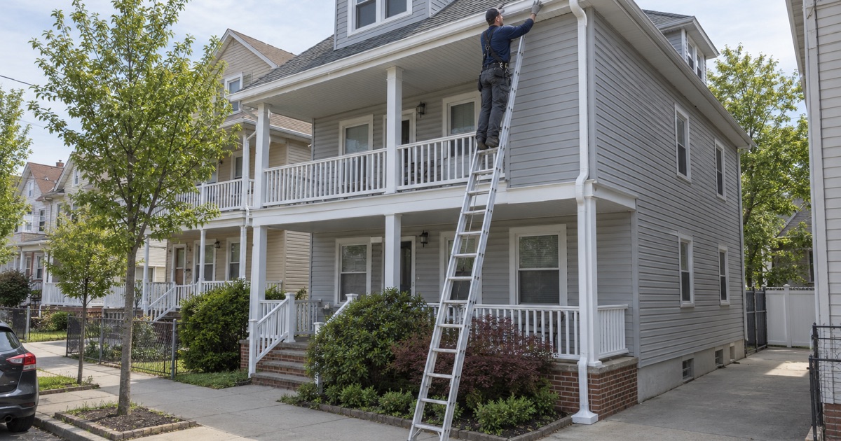 A new seamless aluminum gutter fitted along the eave of a Bayonne two-family from a ladder.
