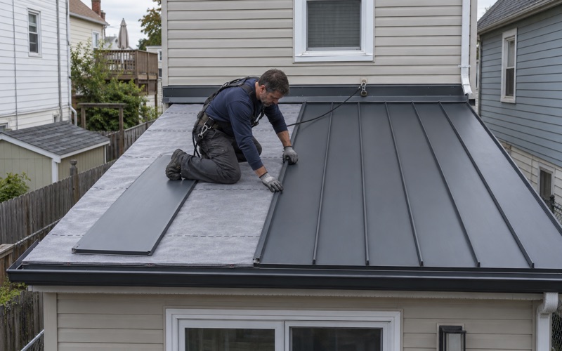 Standing-seam steel panels going on the low-slope rear extension roof of a Bayonne two-family house.