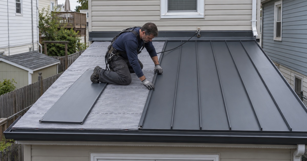 Standing-seam steel panels going on the low-slope rear extension roof of a Bayonne two-family house.