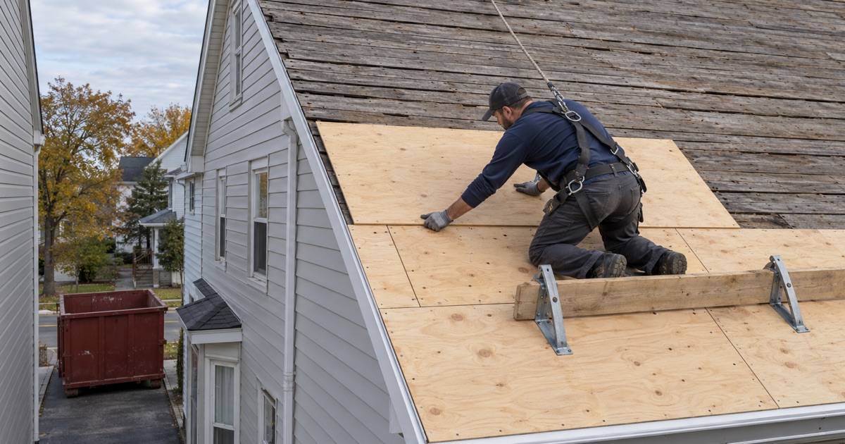 New plywood sheets laid over the old plank boards on a Bayonne two-family’s side slope after the old shingle layers came off.