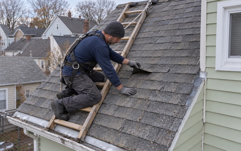 A roofer on a roof ladder lifting a loose shingle tab to check its seal on an older Bayonne two-family roof.