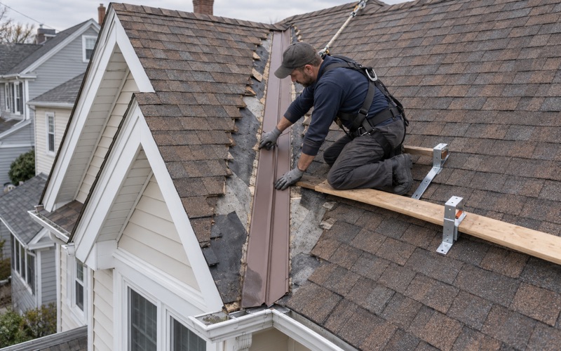 A new metal valley liner laid where two roof slopes meet, the source of a leak on a Bayonne two-family.
