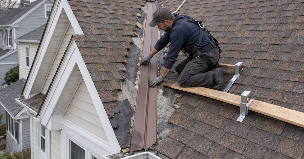 A new metal valley liner laid where two roof slopes meet, the source of a leak on a Bayonne two-family.