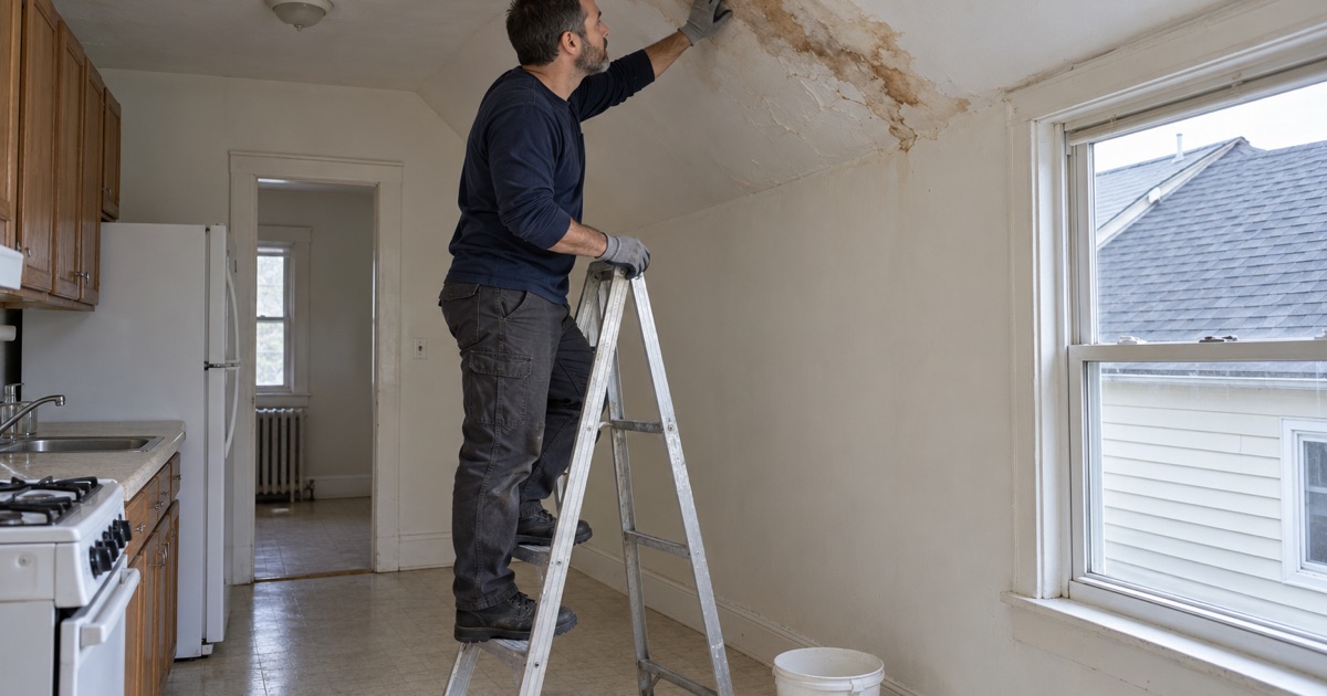 A roofer checking a brown water stain on the top-floor ceiling of a Bayonne two-family, below the spot where the roof is leaking.