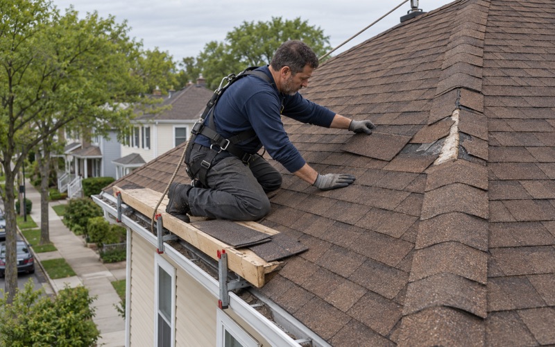 Replacement shingles fitted along a damaged hip on the roof of a Bayonne two-family house.