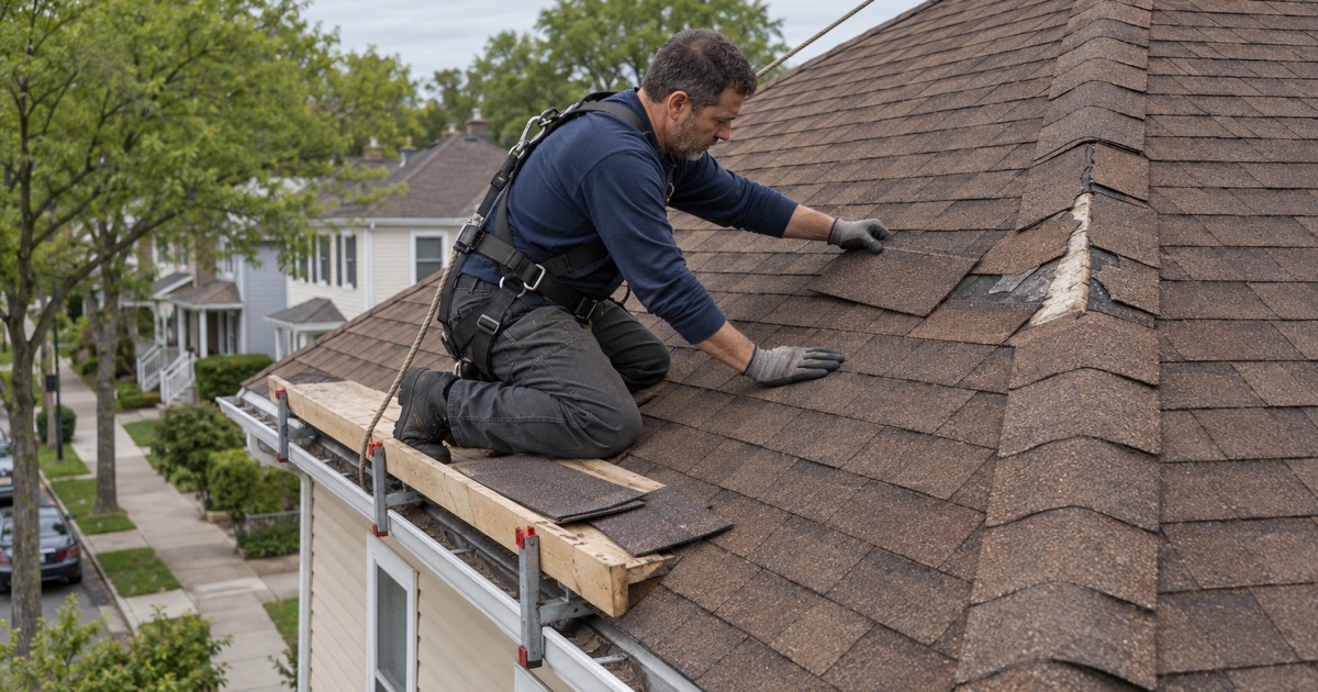 Replacement shingles fitted along a damaged hip on the roof of a Bayonne two-family house.