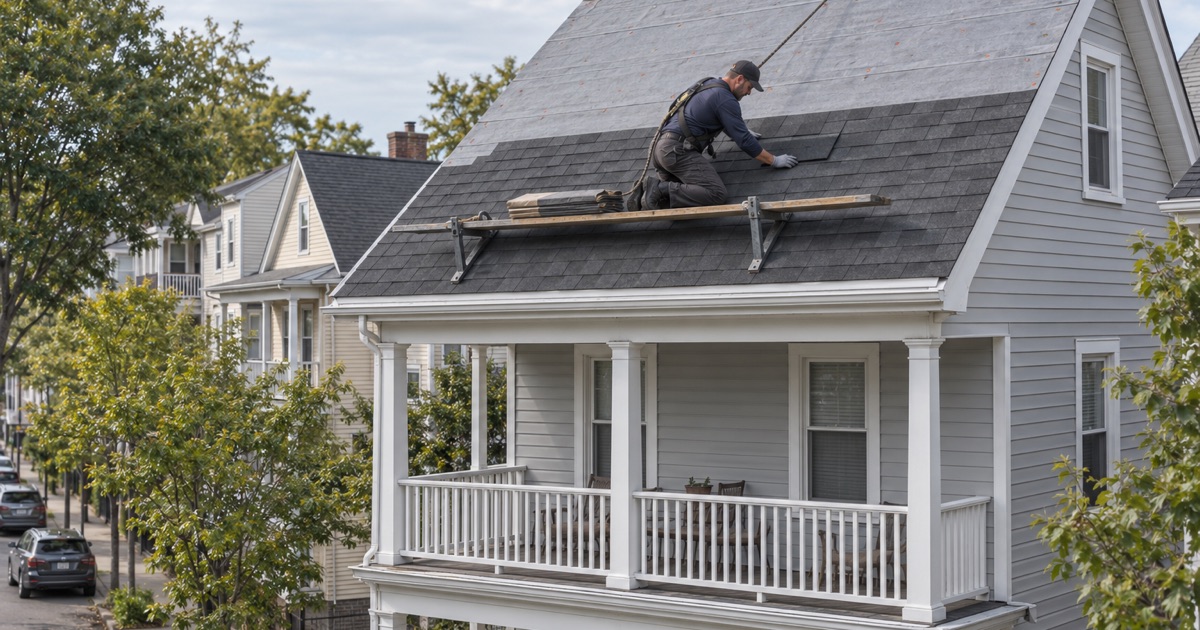 A roofer setting new charcoal shingles on the front slope of a two-and-a-half-story two-family house on a Bayonne side street.