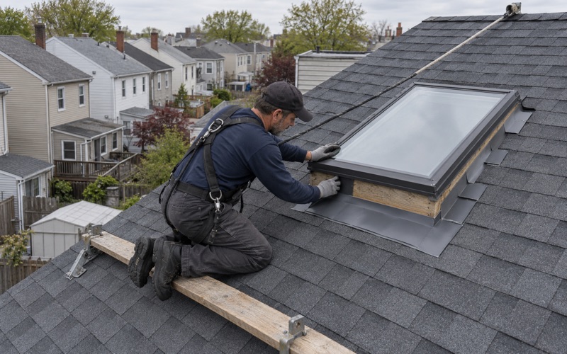 Step flashing worked up the side of a new curb-mounted skylight on a Bayonne two-family's top-floor roof.