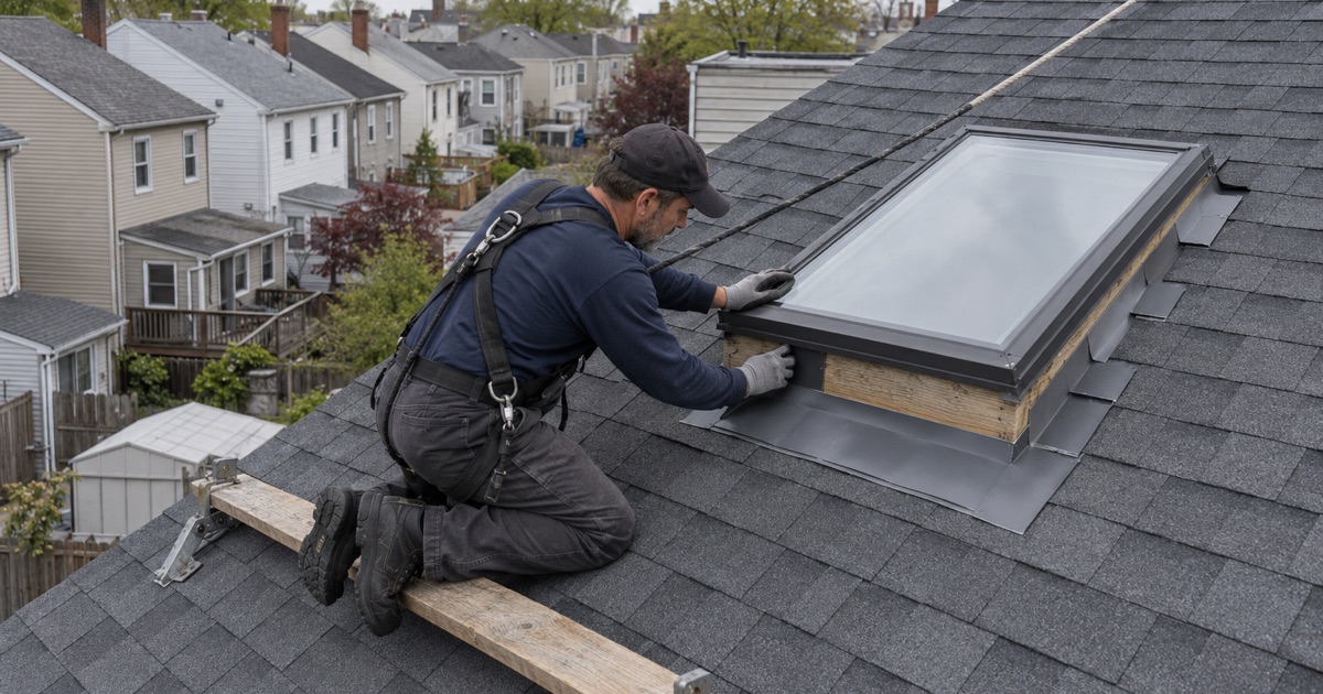 Step flashing worked up the side of a new curb-mounted skylight on a Bayonne two-family’s top-floor roof.