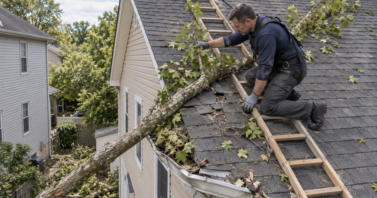 A fallen street-tree limb resting on the rear slope of a Bayonne two-family after a windstorm, damage being checked.