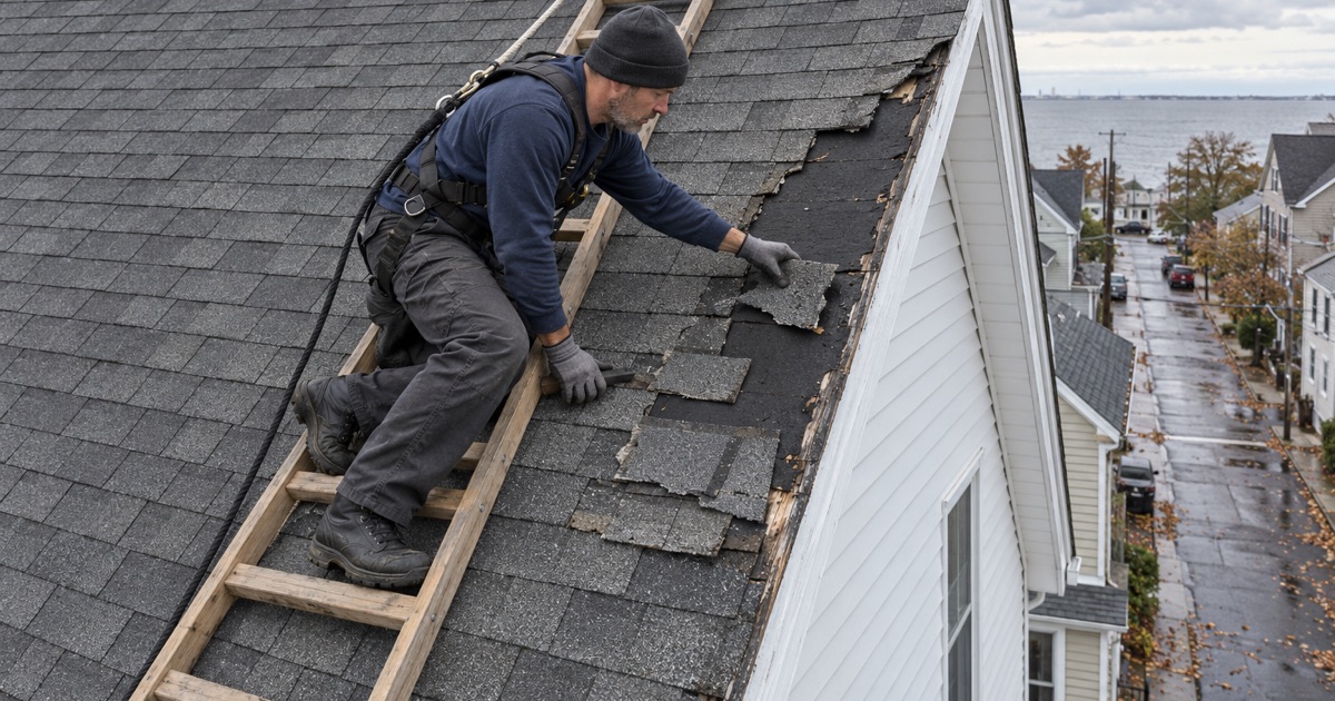 Wind-torn shingles laid out beside the gaps they came from on a Bergen Point roof in Bayonne after a coastal storm.
